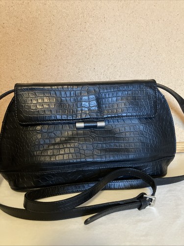 Vintage Perry Ellis Croc Embossed Black Leather Crossbody