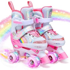 Kids Roller Skates 4 Size Adjustable Rainbow with Light Up Wheels - Fun