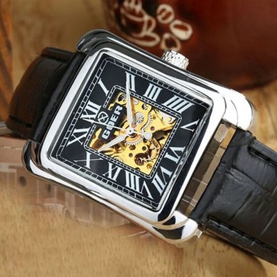Quadratische Modeuhr Herren mechanische Uhren T-GOER Pu-Lederarmband.