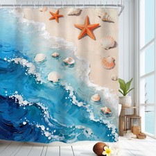 Blue Sea Waves Ocean Shower Curtain for Bathroom Decor 72Wx72H Beach Sand Sta...