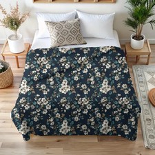 Navy Blue Floral Blanket Vintage Botanical Style