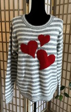 Cupcakes Cashmere Sweater Size L Crewneck Gray Stripes SOFT Hearts EUC