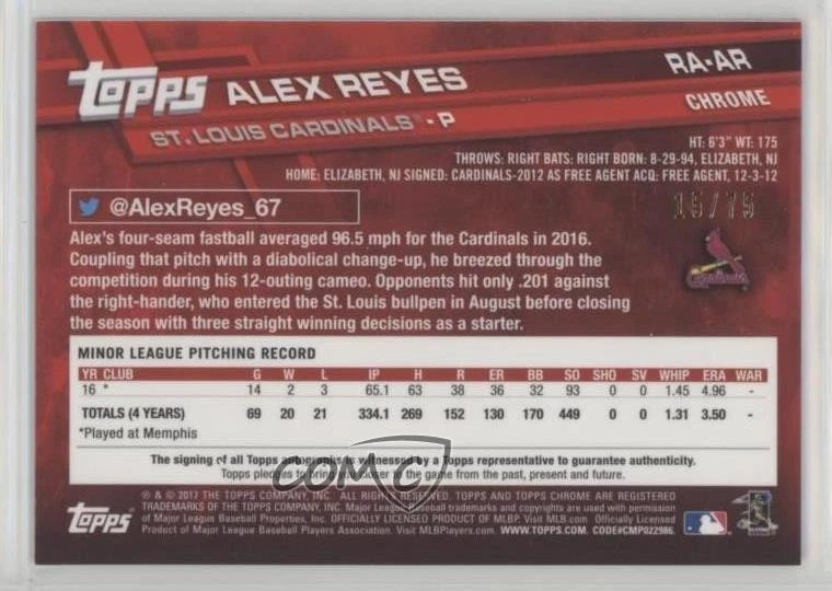 2017 Topps Chrome Rookie Auto Blue Wave Refractor /75 Alex Reyes #RA-AR Auto RC - Image 2 of 2