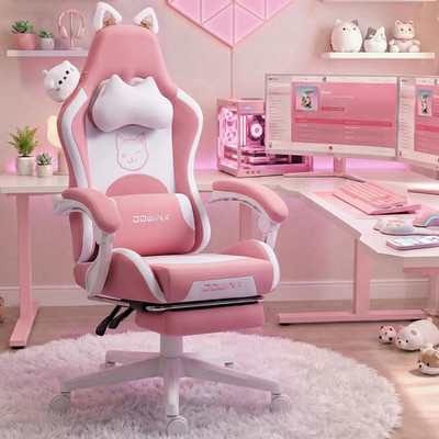 Gaming Chair Cute with Cat Ears and Massage Lumbar Support, Ergonomic Computer C