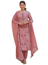 GoSriKi Women's Rayon Blend Printed Straight Kurta with Pant Dupatta