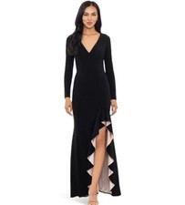 Xscape  Long Sleeve Deep V-Neck Floor Lengh Ruffle Nude Lining Dress Size 14