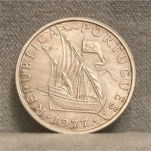 Portugal 5 Escudos 1977 Copper-Nickel Caravel Ship Type Coin KM#634