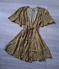 MNG Black & Yellow Floral Flared Wrap Dress Button Fastening Retro Boho UK6