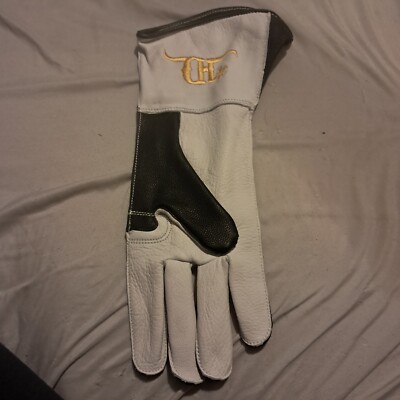 Size 7 Right Crooked Horn Leather Bull Riding Glove Black White Gold Lettering 