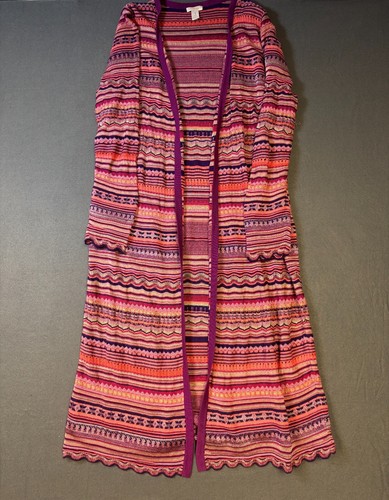 Chico's 1 Women's Sz M Zig Zag Carly Duster Open Cardigan Pink Eclectic Casual - Picture 2 of 12