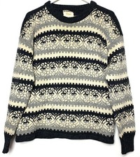 Mens Vintage Nordic Ski Sweater Size M Virgin Wool Fair Isle Ivory Gray 60s 70s