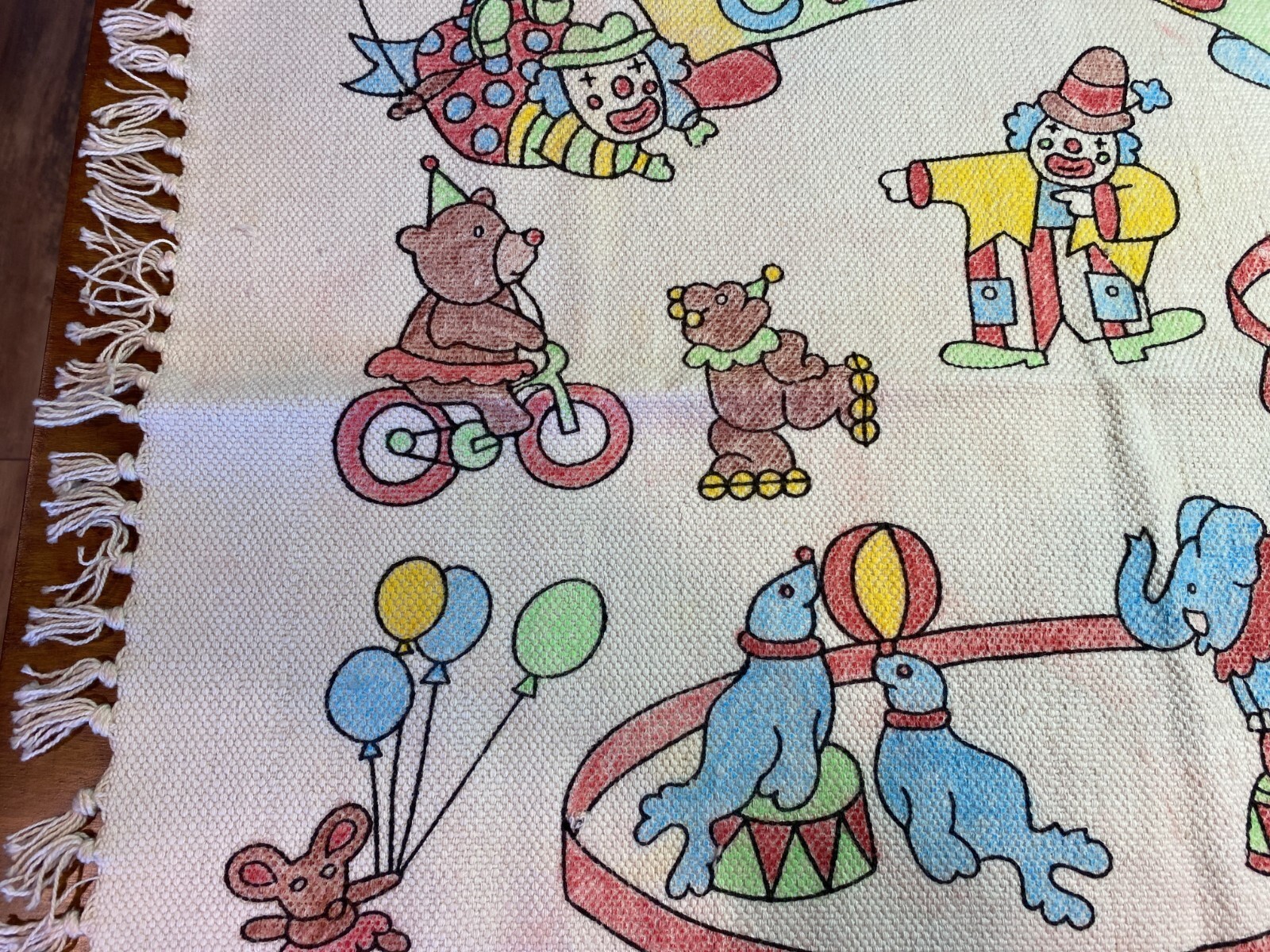 Nursery Circus Themed RUG India Handwoven Clowns Animals Colorful 21x34 Cotton