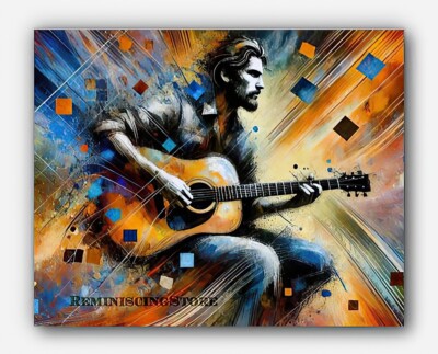 Man with guitar in concert action Picture Art splashes of paint #1 Reprint