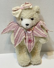 Vintage Plush Puffy Jointed Cream Bear with Handmade Collar and Bow Buttons 10"