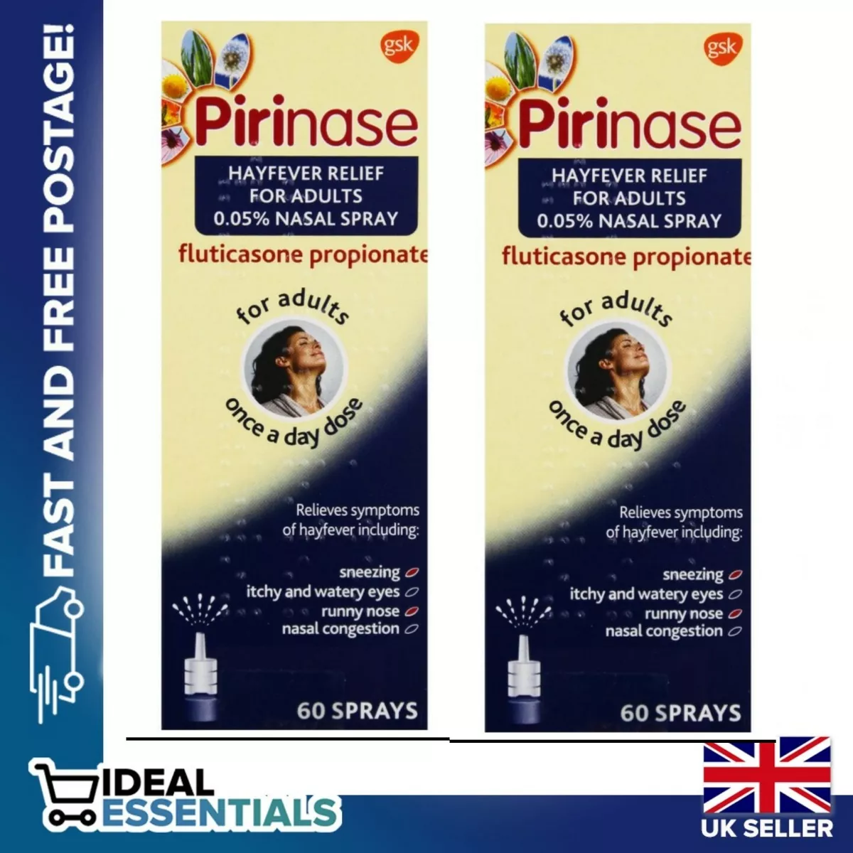 2 X Pirinase Nasal Spray Hayfever Relief for Adults 60 Sprays