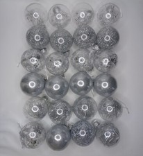 24 Silver Plastic Christmas Tree Ornaments Tinsel Glitter Filled 80cm Bulbs