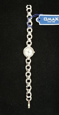 NWT Omax Silver Tone Watch Crystal Bezel & Link Band 7.25'' Max Size New Battery