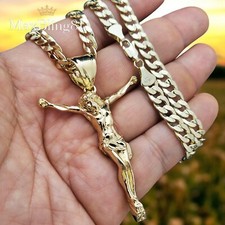 Brass Crucifixion of Jesus Cross Gold Finish Pendant  7mm Cuban Chain Necklace