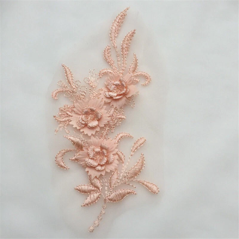 3D Flower Lace Embroidery Bridal Wedding Dress Applique Tulle DIY Beaded - Image 3 of 4