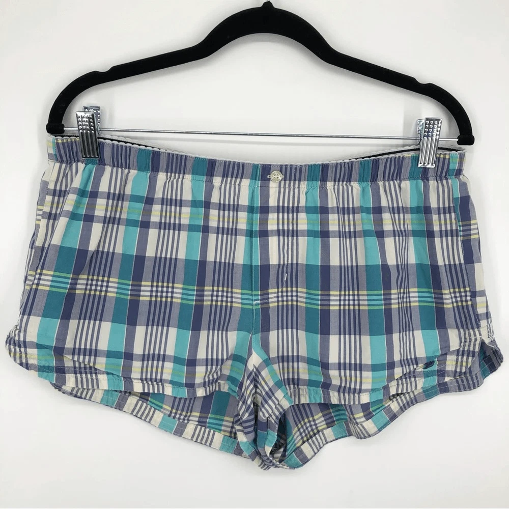 Aerie Pajama Shorts Womens Medium Blue Plaid Boy Shorts