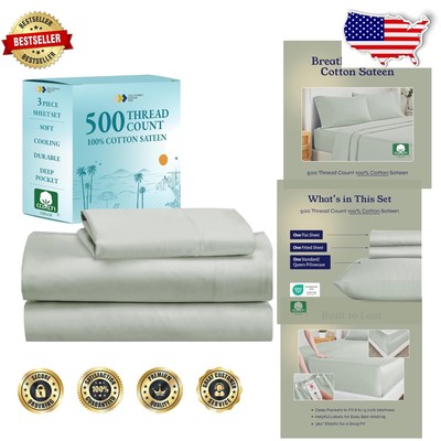 Cooling 100% Cotton Twin Sheets - Luxurious 500 Thread Count Set in Silver Sage