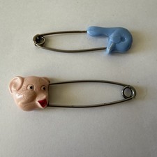 2 Vintage Diaper Pins Blue Duck and Unmarked Pink Piggy Silvertone