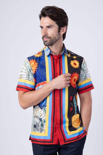 Barabas Men's Floral Zodiac Sign Lion Short Sleeve Shirts 4SST38 - 第 6/11 張圖片