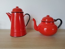 Vintage Red Enamel Coffee and Teapot - Made in Poland