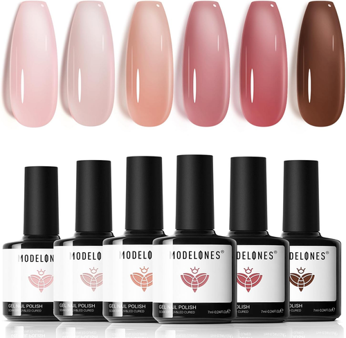 Smalti Semipermanenti Unghie, 6 Colori Gelatina Trasparente Rosa Nudo Marrone Ro - Foto 10 di 12