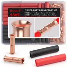 20 PCS 6 Gauge Flared Barrel Butt Connector Bare Copper 31 Heat Shrink Tube
