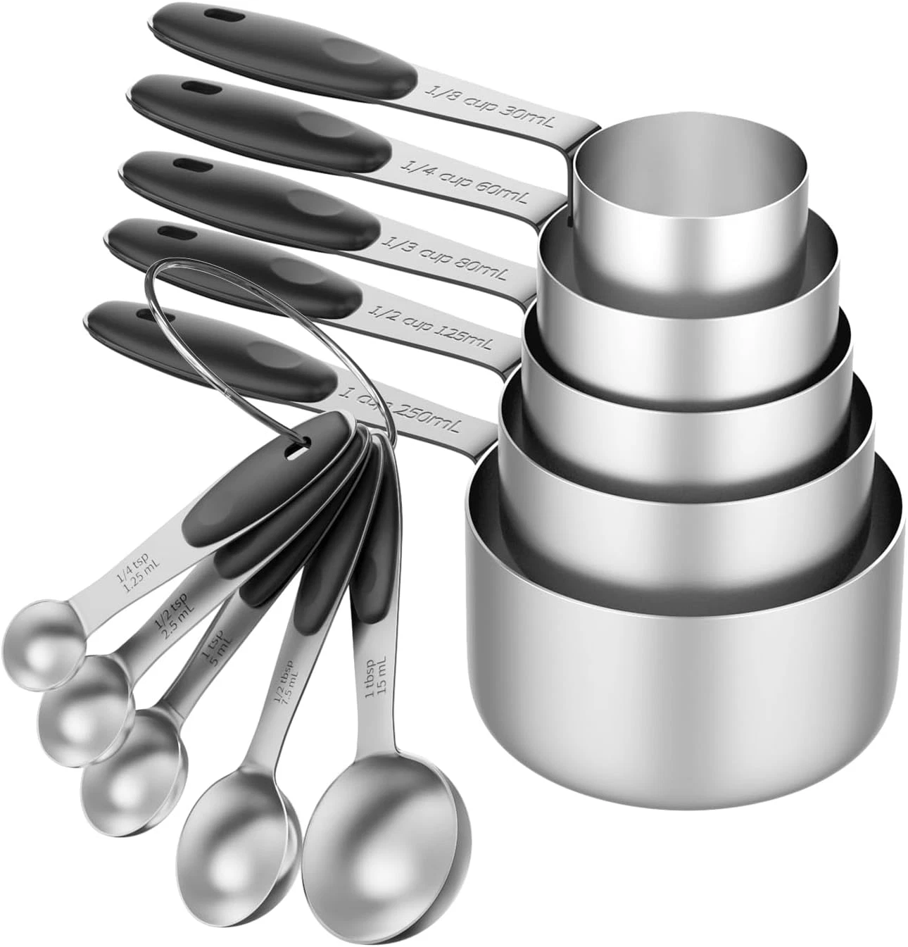 Stainless Steel Measuring Cups and Spoons Set of 10 Piece, Soft Silicone Handles