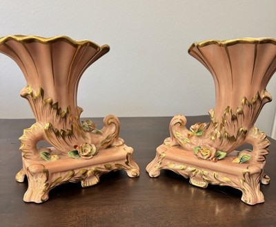 Pair Of Vintage Amoges France Pink And Gold Floral Cornucopia Vase  Wishmaker 