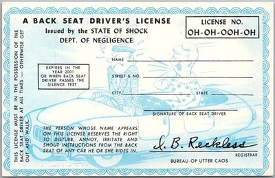 c1960s Car Comic Postcard ''BACK SEAT DRIVER'S LICENSE'' - Unused