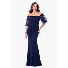 Xscape Navy Off-The-Shoulder Floral Appliqué Puff Sleeve Formal Gown Size 4
