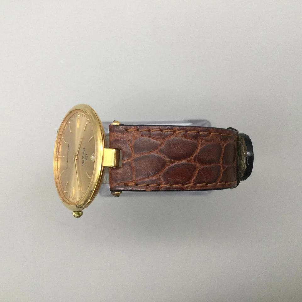 Reloj De Solo Mujer 32mm Diamante Chapado en Oro 18K Correa Cuero Marrón Batería Nueva Foto 4 de 4