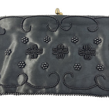 VTG Black Satin Beaded Evening Bag Clutch Wallet Kiss Clasp Japan