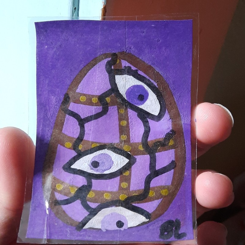 Hand Painted Signed OOAK creepy easter Purple Braced Eye Egg laminated art aceo