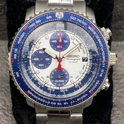 Rare SEIKO Chronograph 7T62-0EB0 Pilot Panda White Blue Dial Watch Men 1990 Mint