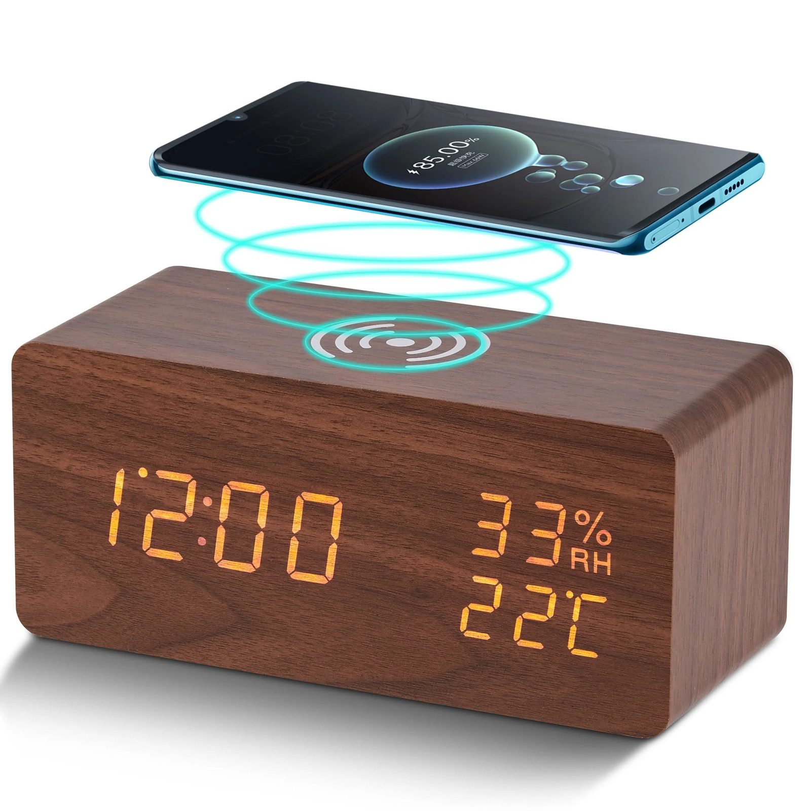 Wooden Digital Alarm Clock with Wireless Charging Stylish LED Display for Bedroo