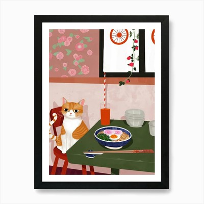 Cat And Ramen In The Kitchen 2 Art  Framed Wall Art Poster Canvas Print Picture