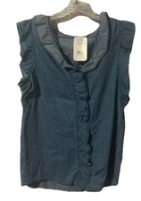 NWT Sz Med Denim Sleeveless Shirt Ruffle blue lightweight button-up 1745