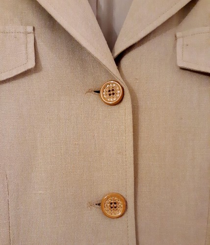 VTG NY Sake Gold Linen Blend 2-Piece Safari-Look Skirt Suit w/Unique Buttons-10 - Picture 7 of 11