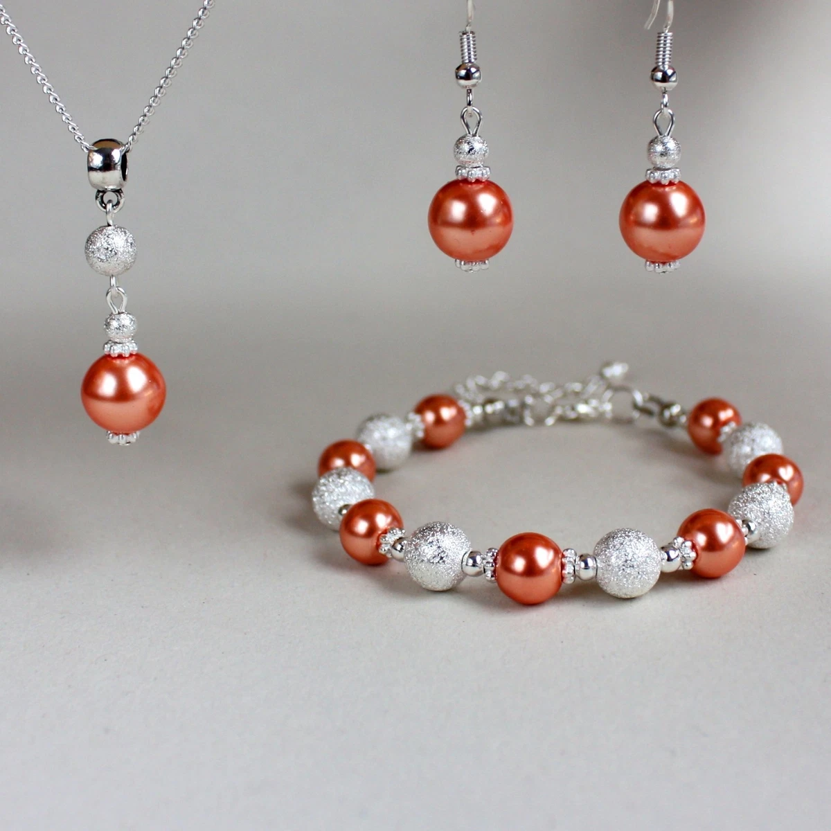 Coral orange pearl necklace bracelet earring silver wedding bridal jewellery set