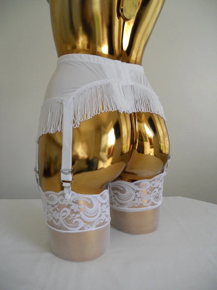 Xs Weiß Lycra Quaste Saum 6 Band Designer Retro Hüftgürtel 61-66cm taille - Bild 2 von 4