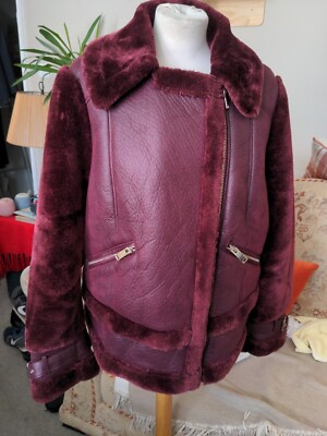 River Island Aviator Jacket In Berry Plum Burgundy With Faux Fur Size 18  UK