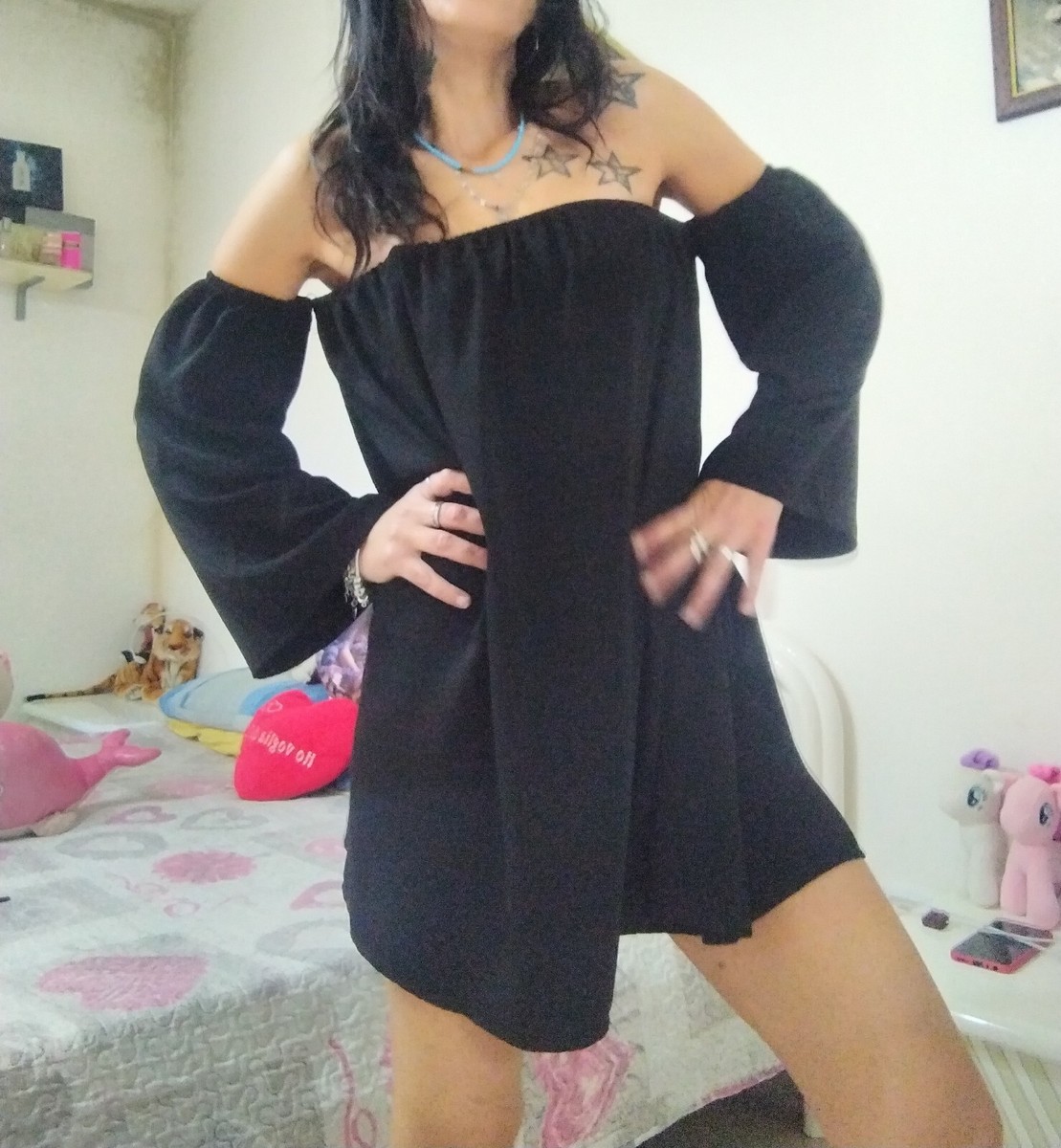 Vestito Abito Boohoo Donna Nero Largo Spalle Scoperte Maniche