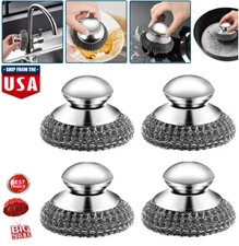 4× Steel Dish Scrubber Stainless Steel Kitchen Brush w/ Handle Cleaning Tools US