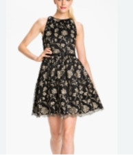 Adrianna Papell 16 Dress Black Gold Embroidered Holiday Party Wedding Cruise