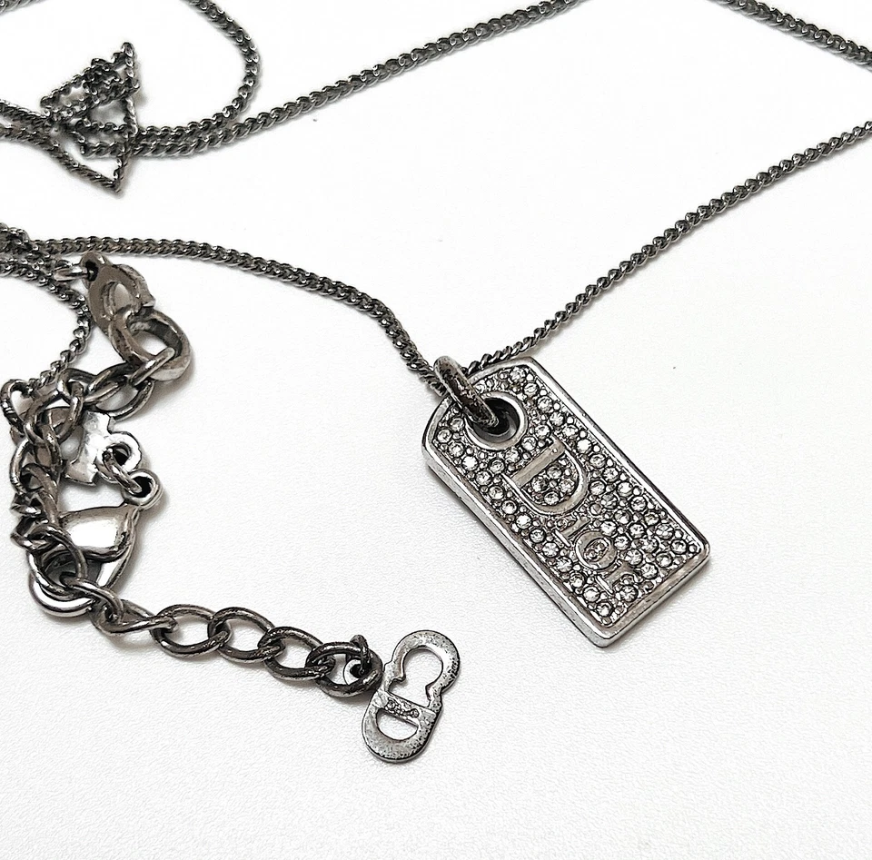 Collar Dior Plata Logo Monograma Cristal Diamante Etiqueta Cadena De Colección Auténtico Foto 4 de 4