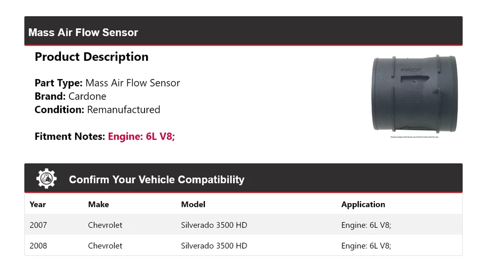 Sensor de flujo de aire masivo Cardone para Chevrolet Silverado 3500 HD 2007-2008 6L V8 Foto 2 de 4